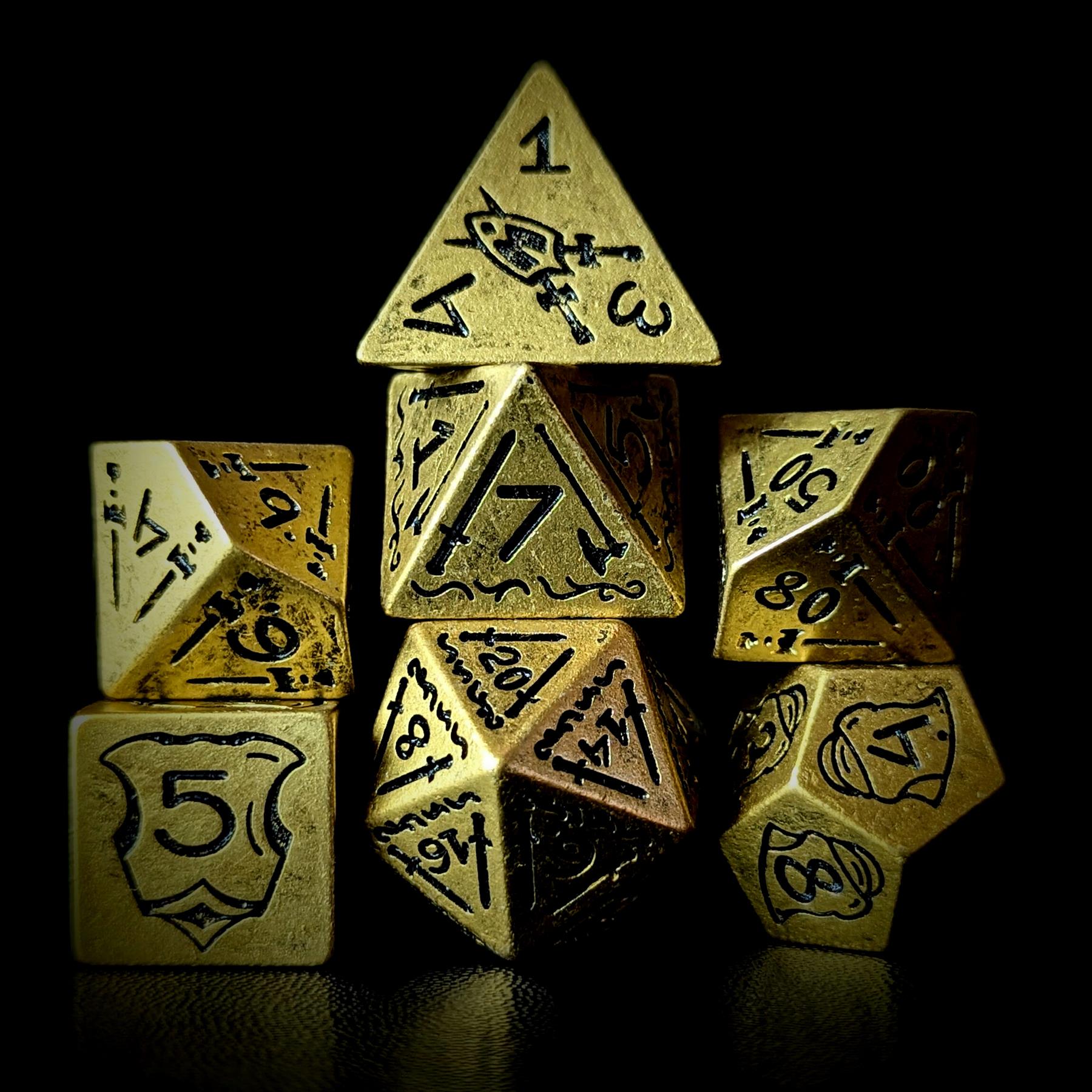 7pcs RPG Full Dice Set - Black Pattern on Gold Resin