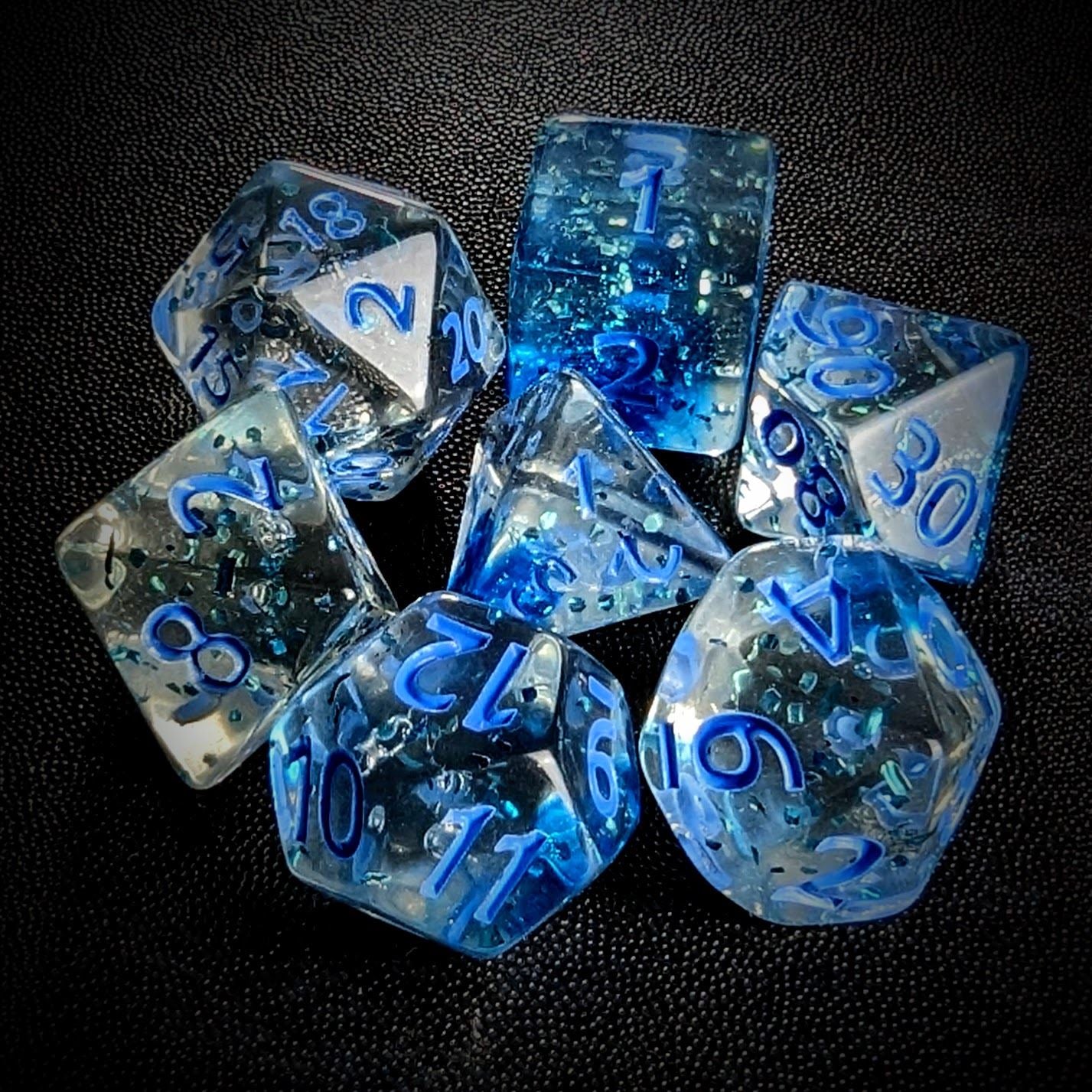 Glitter in Clear Blue Acrylic - 7pcs RPG Full Dice Set