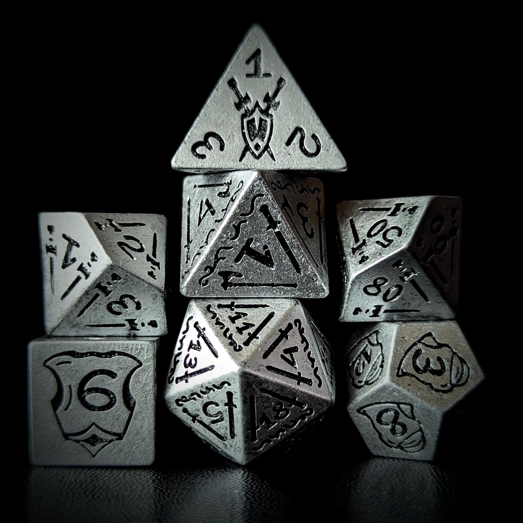 7pcs RPG Full Dice Set - Black Pattern on Silver Resin