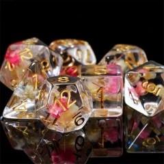 Pink Flowers in Clear Resin - 7pcs RPG Full Dice Set