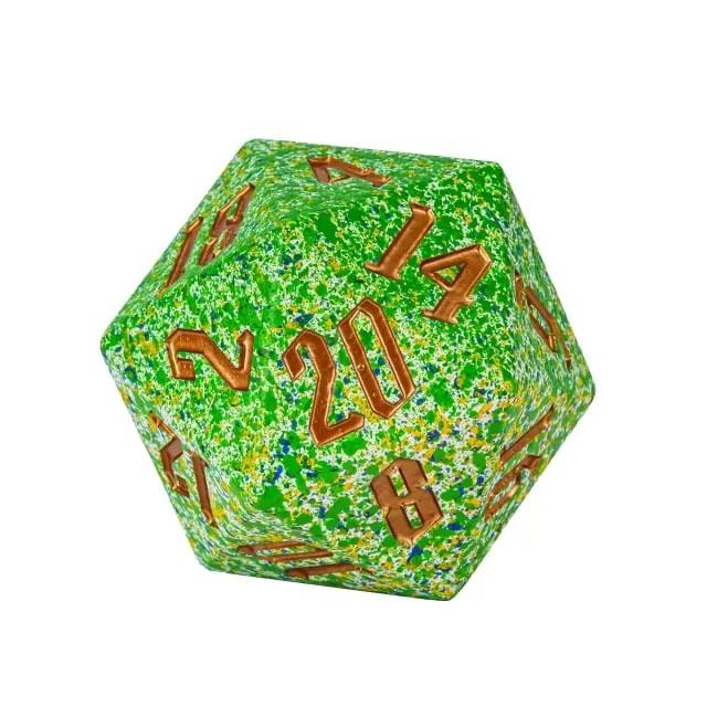 D20 Dice Resin 55mm Splatter Gold Font Green