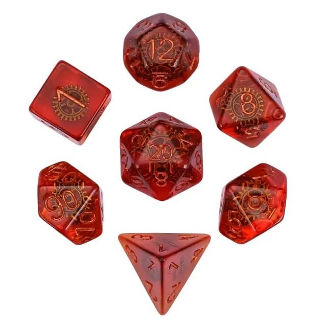 Cogs in Clear & Orange Resin - 7pcs RPG Full Dice Set