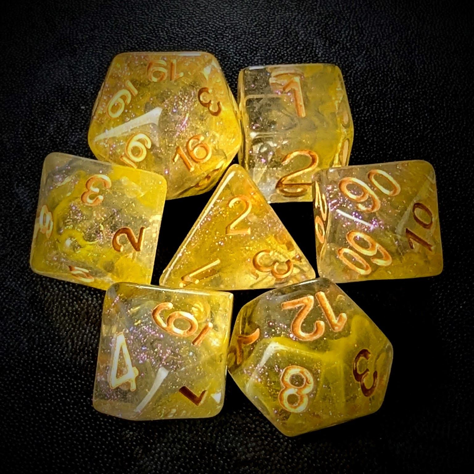 Yellow & Grey Swirl in Clear Resin - 7pcs RPG Full Dice Set