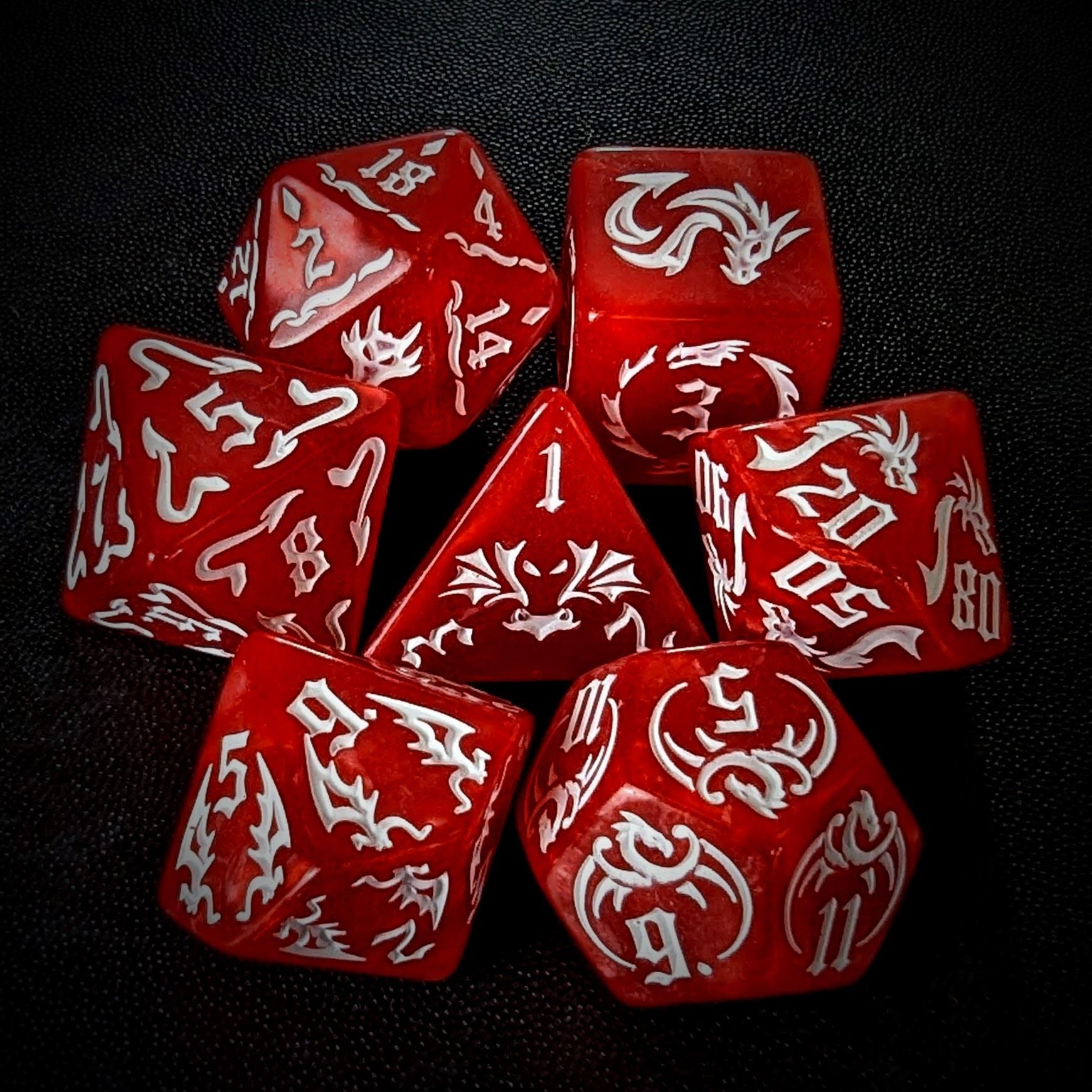 White Dragon on Red Acrylic - 7pcs RPG Full Dice Set