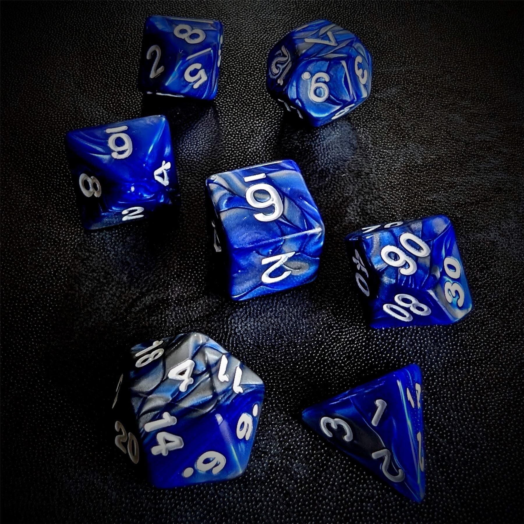 Blend of Silver & Royal Blue Acrylic - 7pcs RPG Full Dice Set