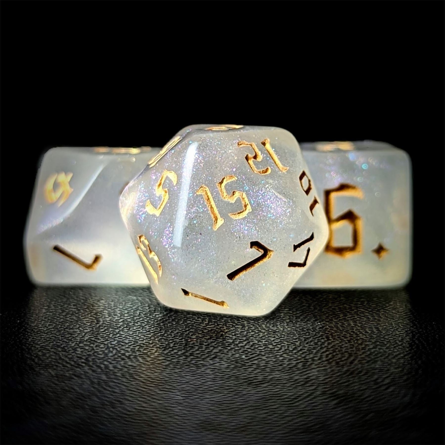 Glitter in White Acrylic with Gold Font - 7pcs RPG Full Dice Set
