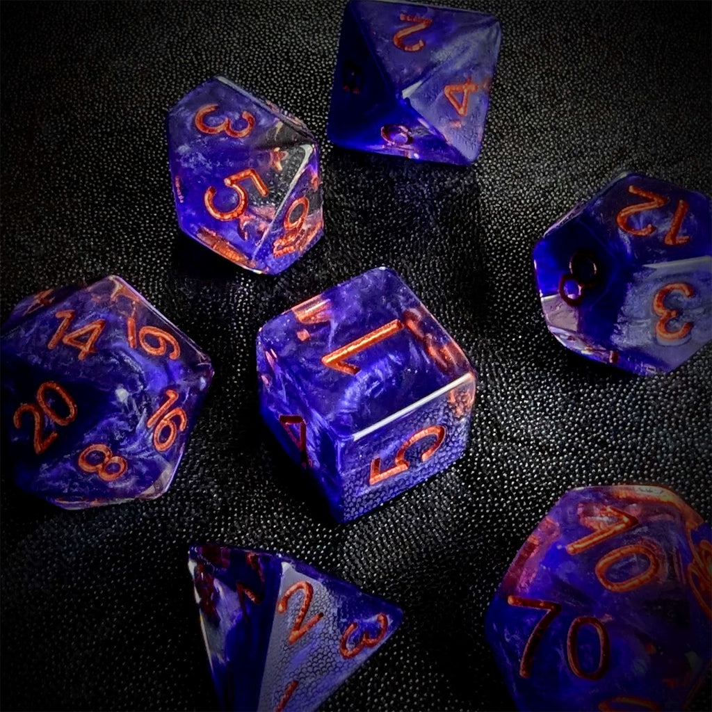 Purple Swirl in Clear Resin - 7pcs RPG Full Dice Set