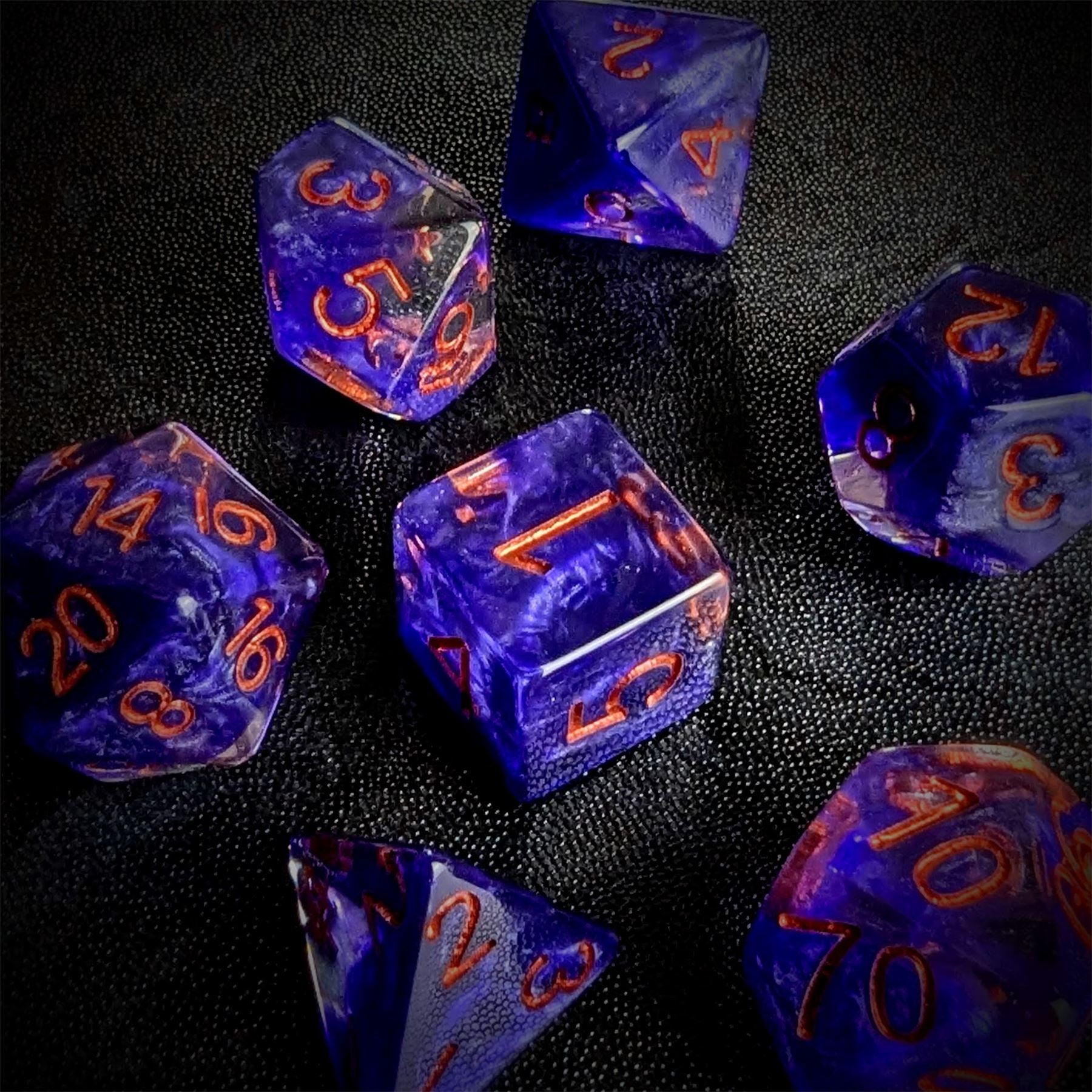 Purple Swirl in Clear Resin - 7pcs RPG Full Dice Set