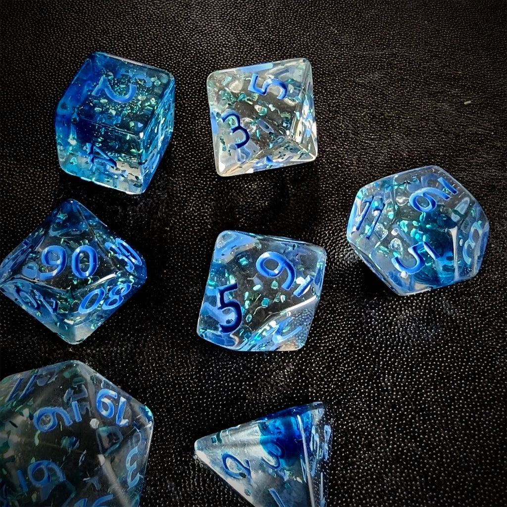 Glitter in Clear Blue Acrylic - 7pcs RPG Full Dice Set