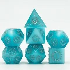 Runes on Blue Cat Eye Gemstone - 7pcs RPG Dice Set