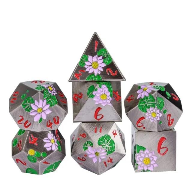 Pink Lotus Flower in Silver Metal - 7pcs RPG Dice Set