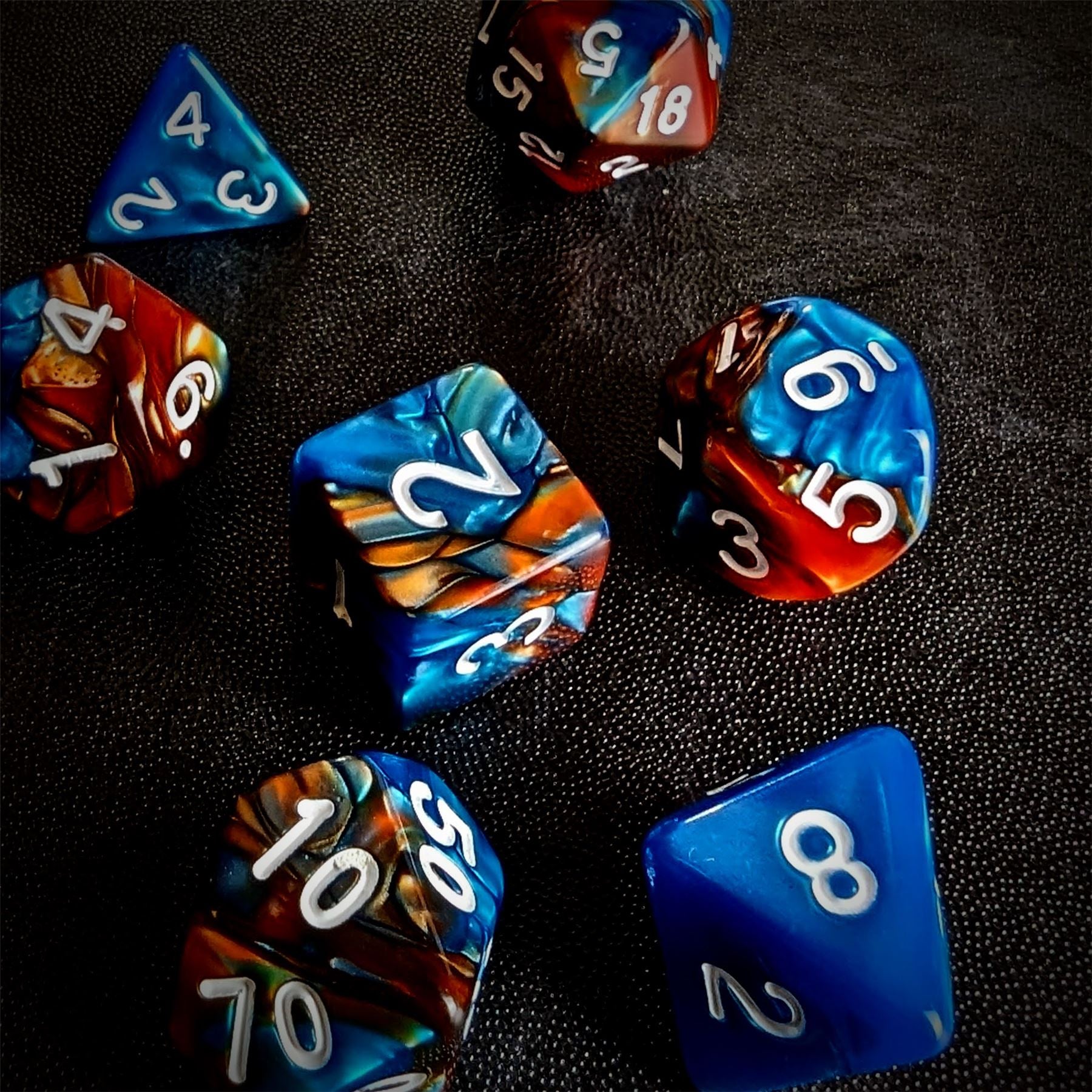 Blend of Orange & Blue Acrylic - 7pcs RPG Full Dice Set