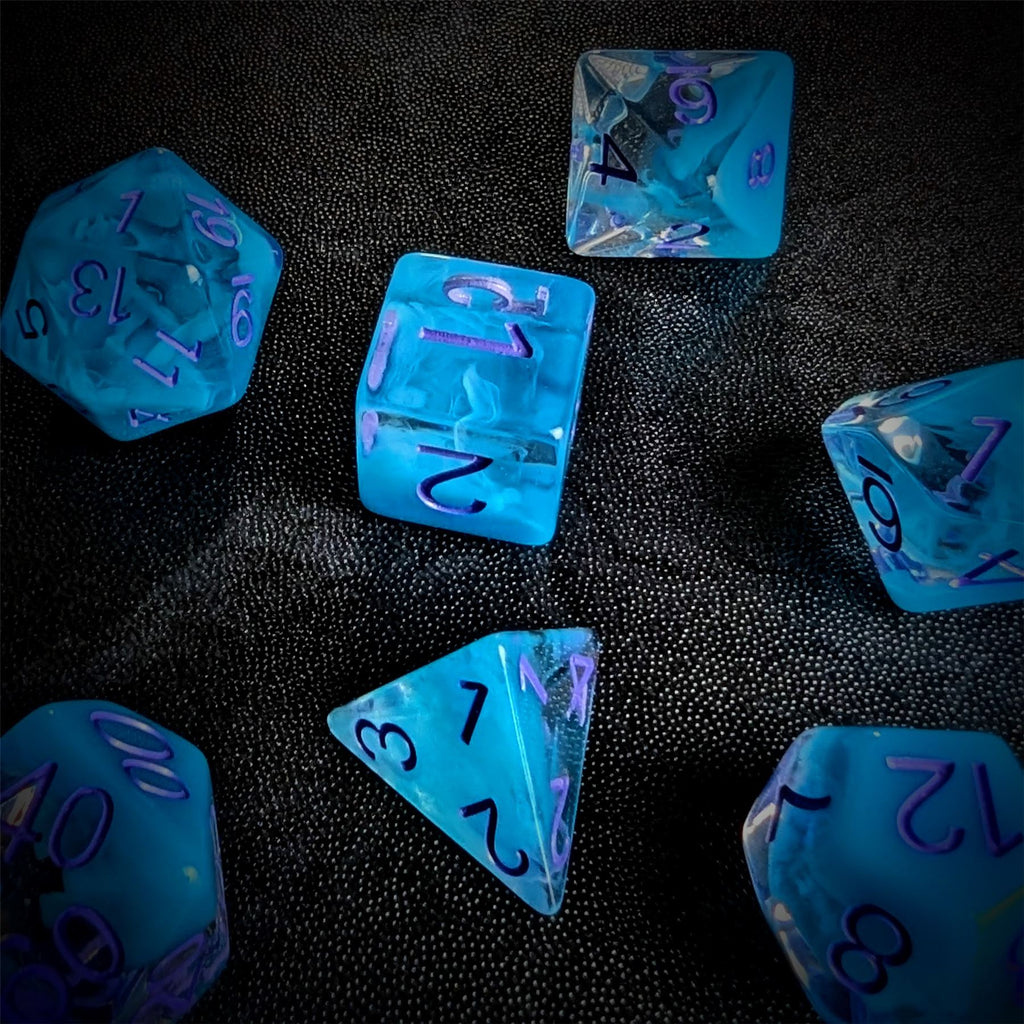 Sky Blue Swirl in Clear Resin - 7pcs RPG Full Dice Set