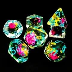7pcs Dice Resin Filled Blue Font Flowers Pink Yellow