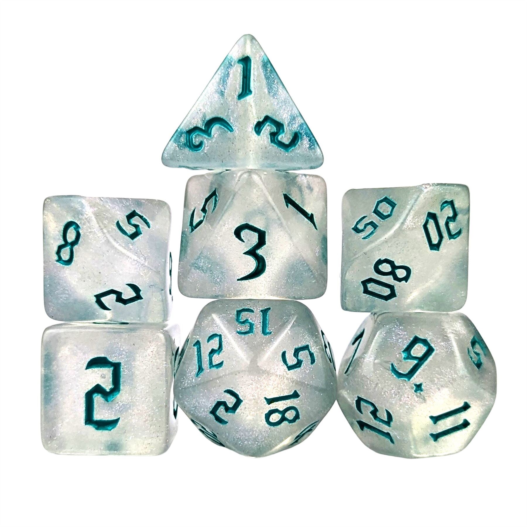 Glitter in White Acrylic with Ice Font - 7pcs RPG Full Dice Set