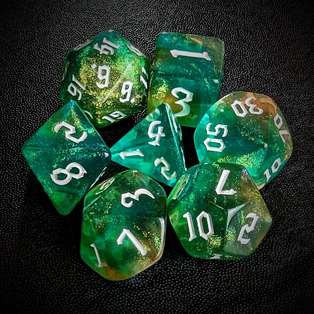 Glitter in Green & Yellow Acrylic - 7pcs RPG Full Dice Set