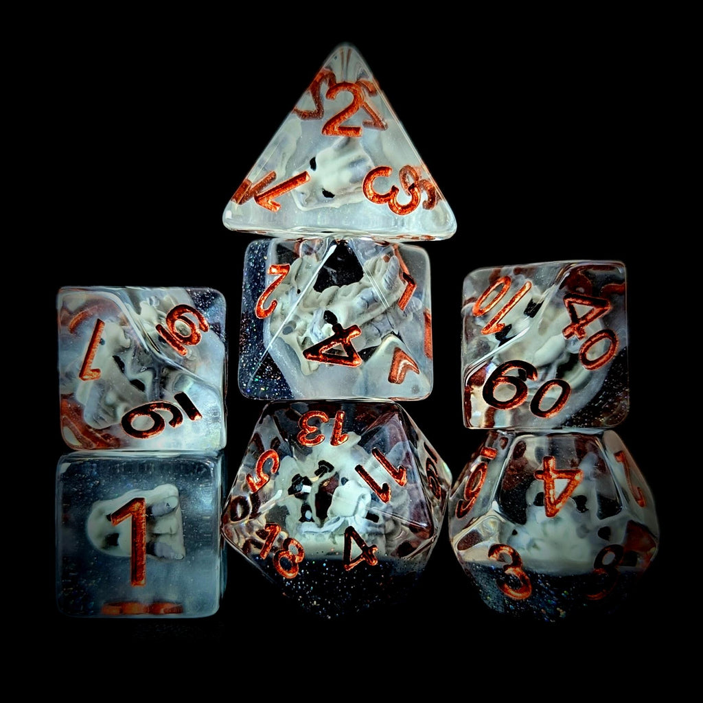 Dragon Skull in Clear & Blue Resin - 7pcs RPG Full Dice Set