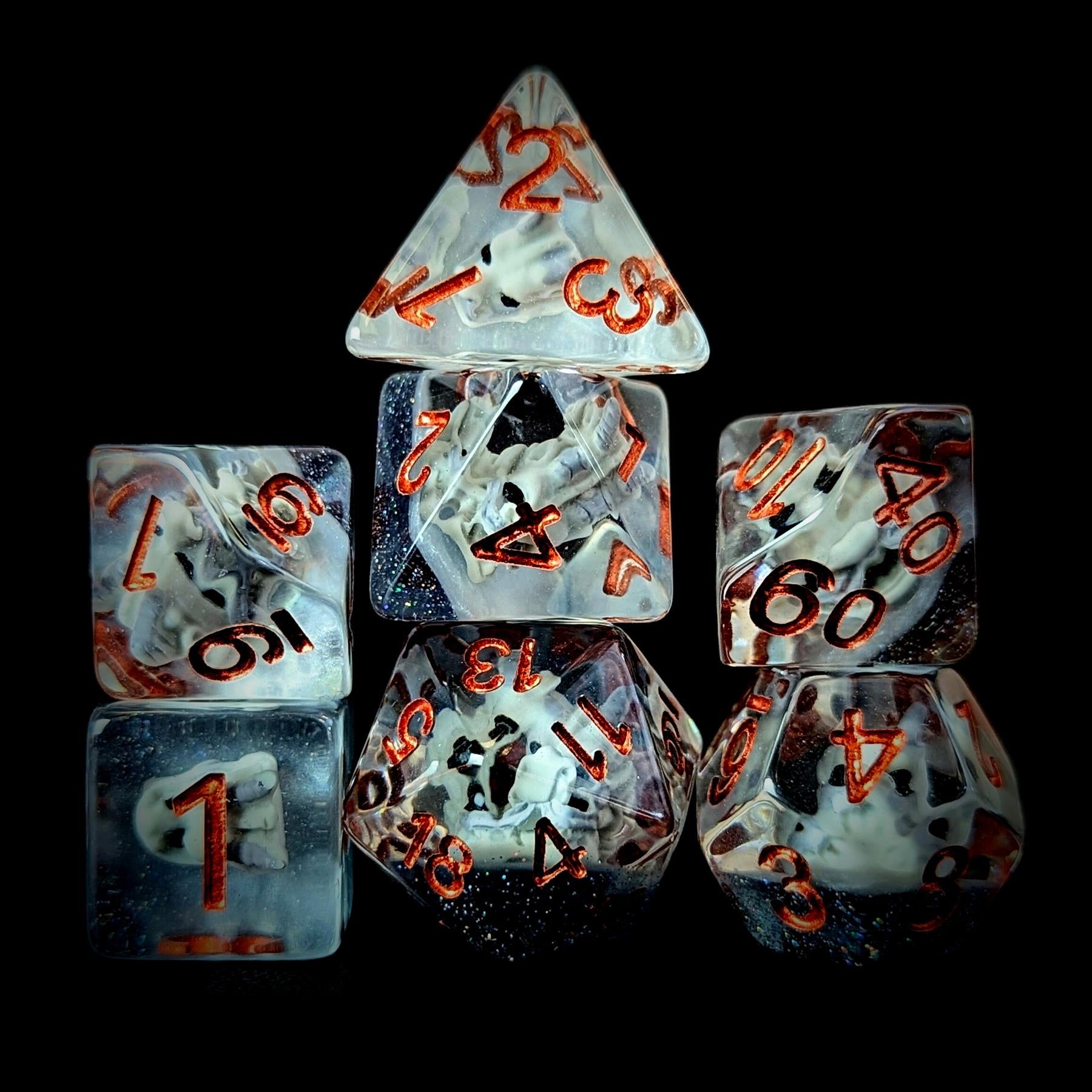 Dragon Skull in Clear & Blue Resin - 7pcs RPG Full Dice Set