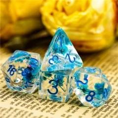 Blue Flowers in Clear Resin - 7pcs RPG Full Dice Set