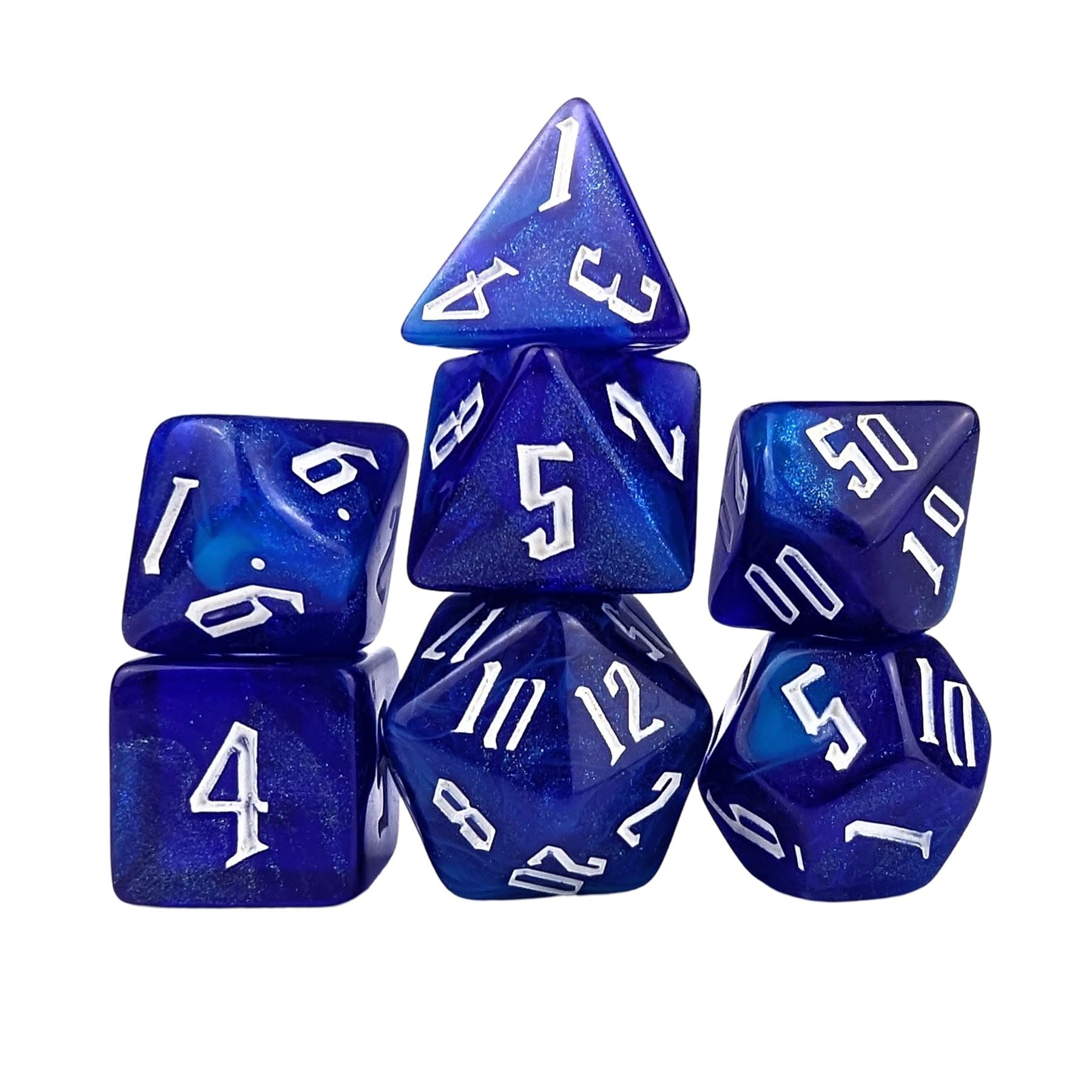 Glitter in Royal Blue & White Acrylic - 7pcs RPG Full Dice Set