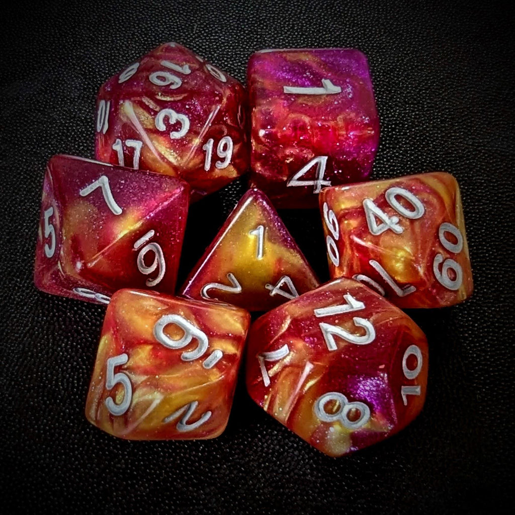 Glitter in Pink & Yellow Acrylic - 7pcs RPG Full Dice Set