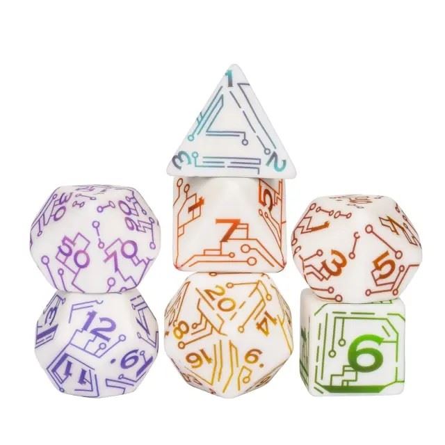 Handmande Circuit on White Resin -  7pcs RPG Dice Set