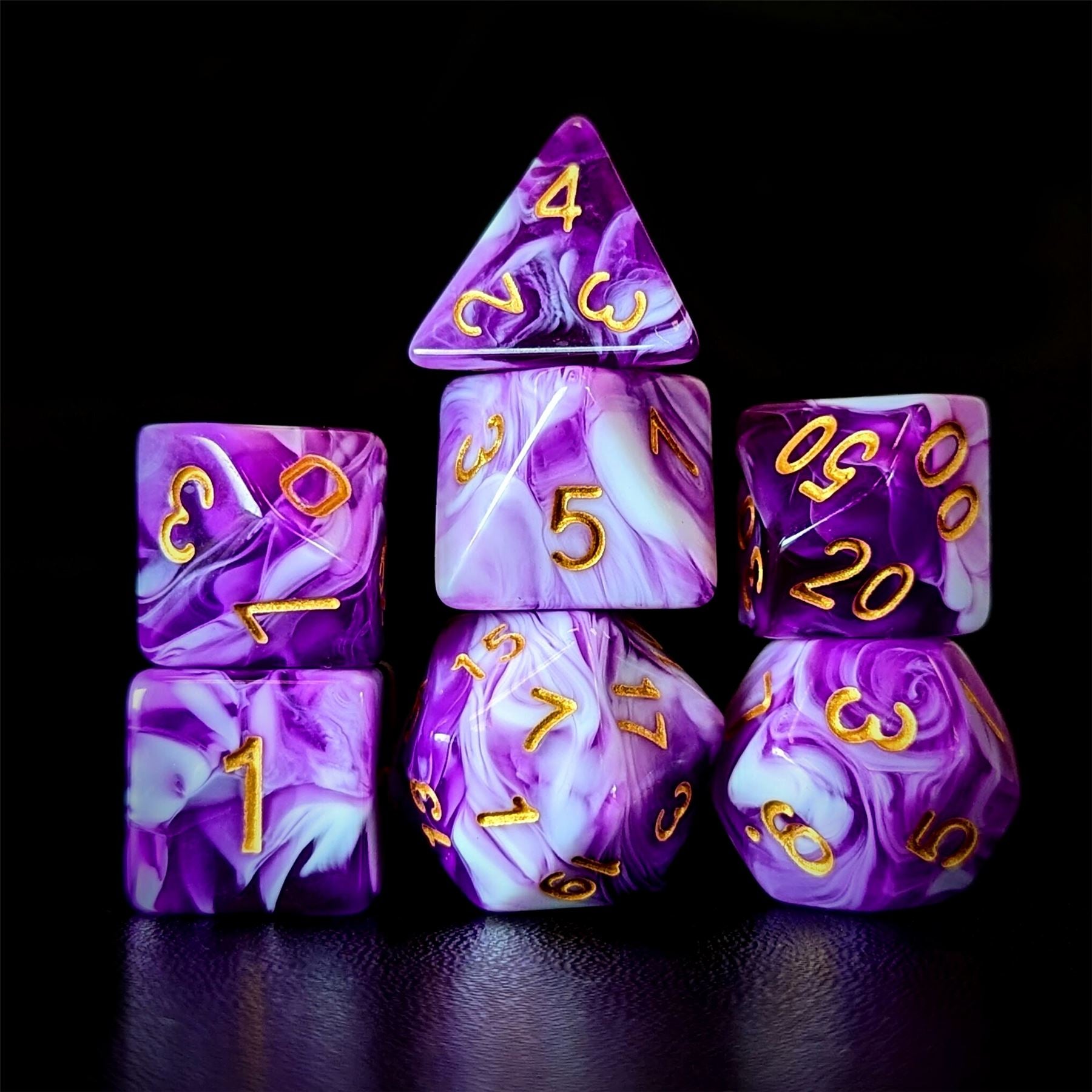 Blend of Purple & White Acrylic - 7pcs RPG Full Dice Set