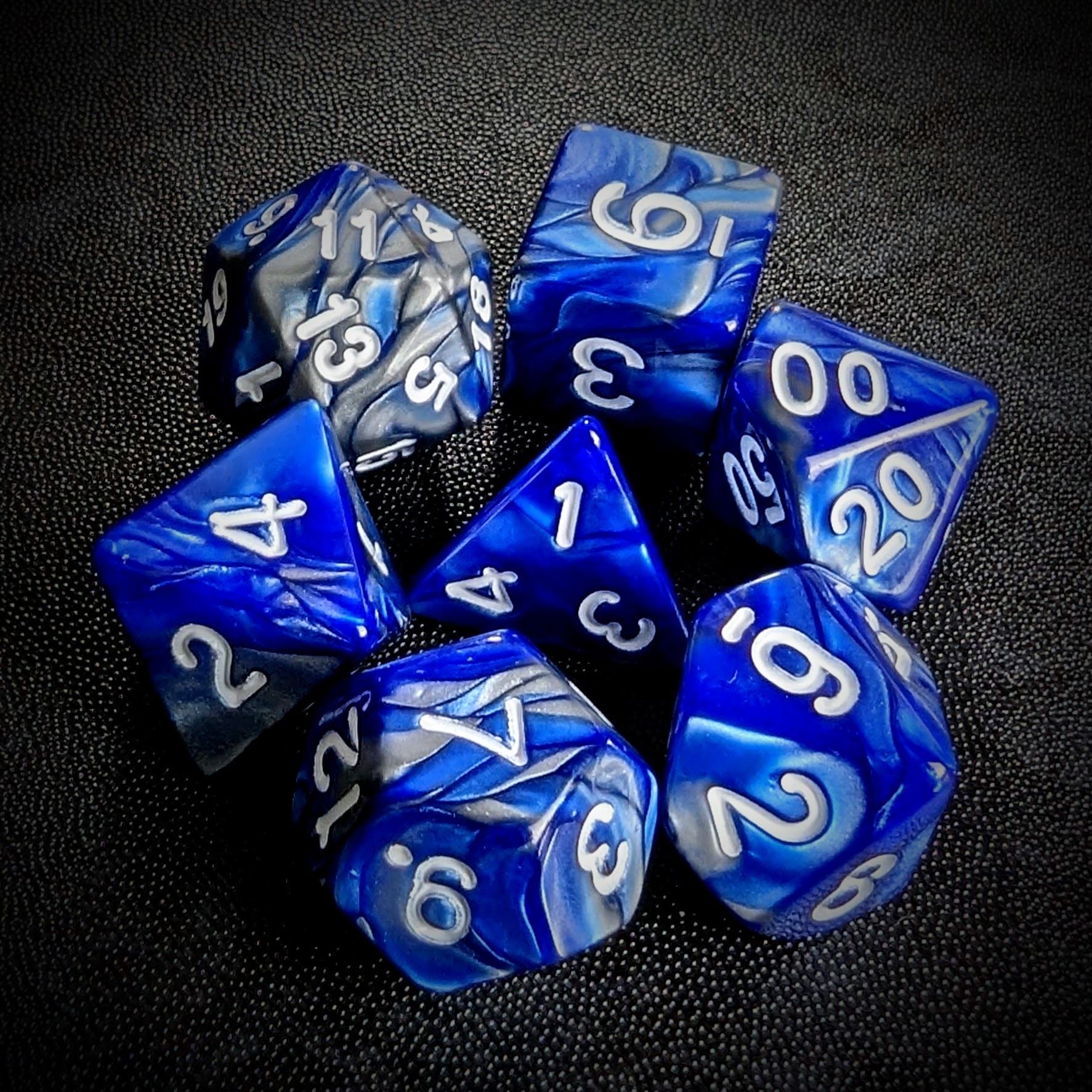 Blend of Silver & Royal Blue Acrylic - 7pcs RPG Full Dice Set