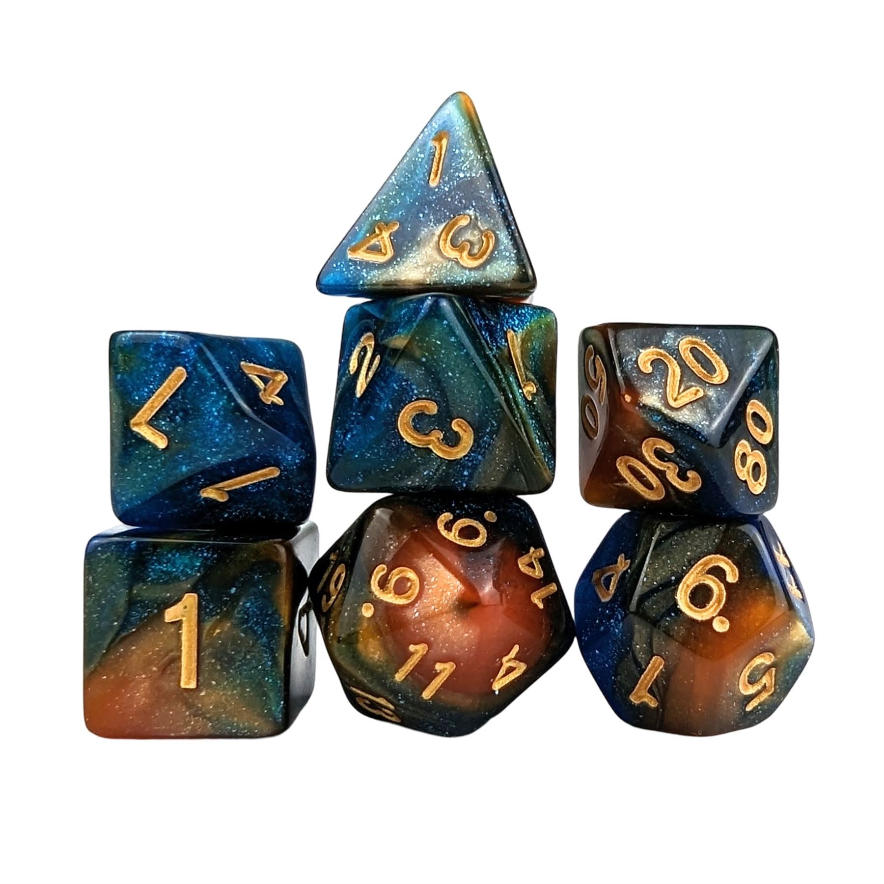 Glitter in Blue & Orange Acrylic - 7pcs RPG Full Dice Set