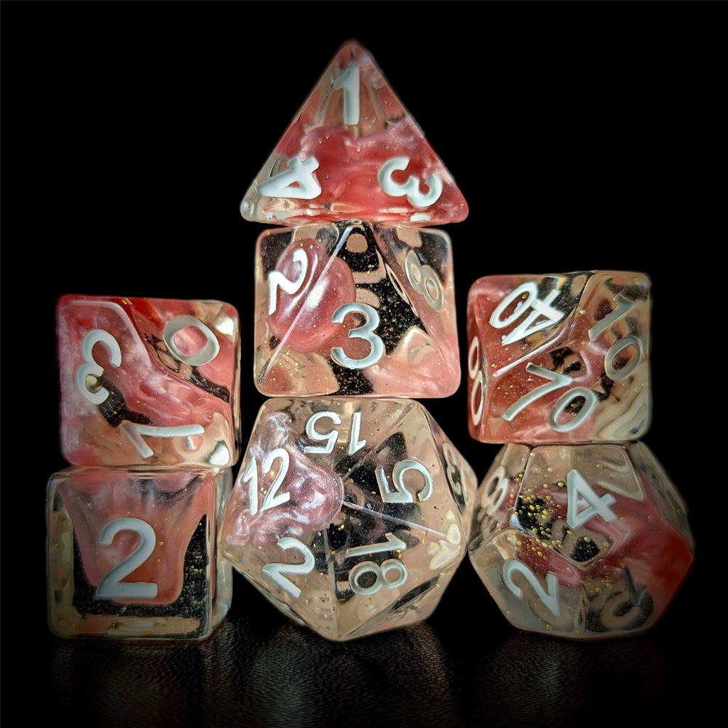 Pink Swirl in Clear Resin - 7pcs RPG Full Dice Set
