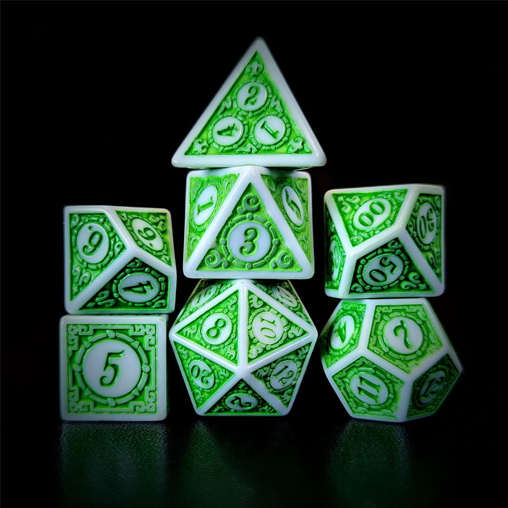 Green Lattice on White Acrylic - 7pcs RPG Full Dice Set