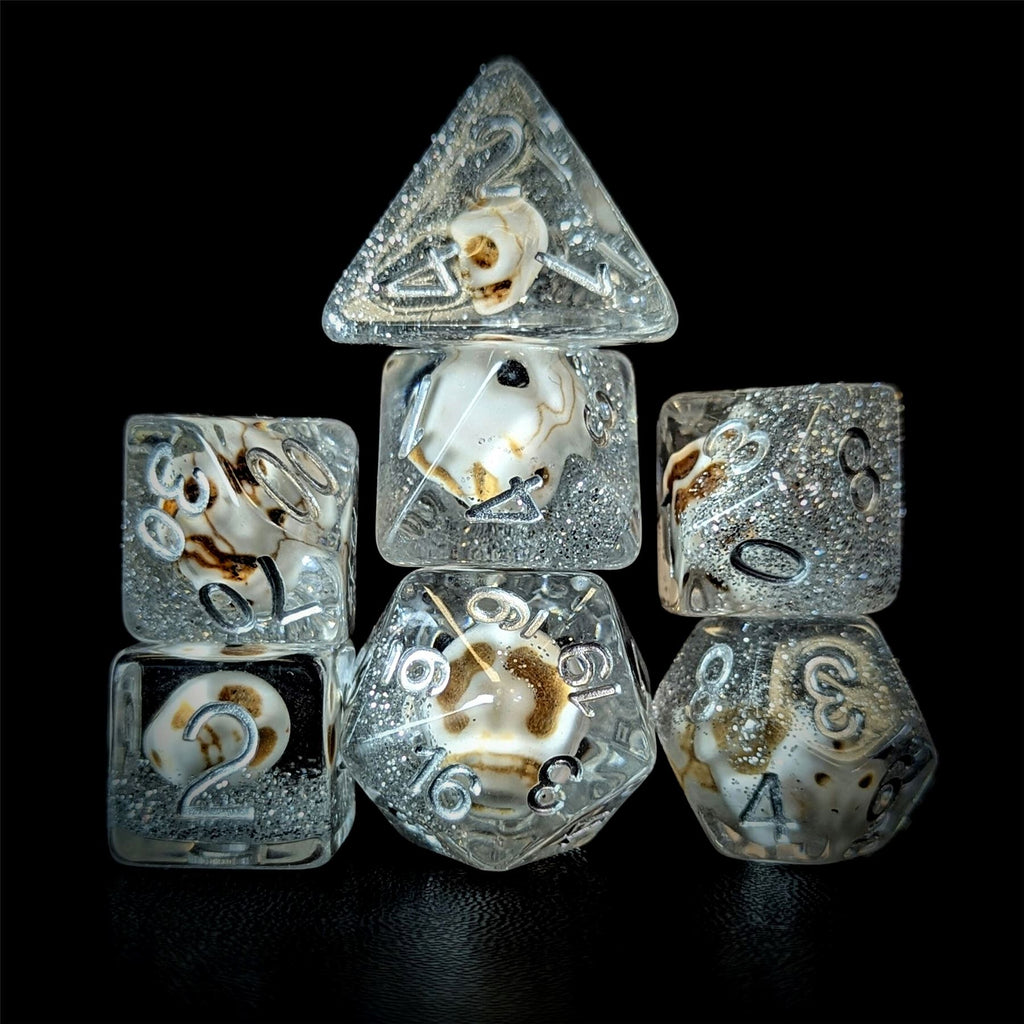 Skull & Silver Glitter in Clear Resin - 7pcs RPG Full Dice Set