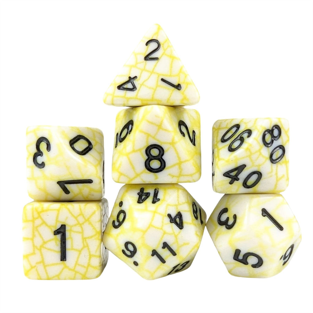 Cracked Yellow on White Acrylic - 7pcs RPG Full Dice Set