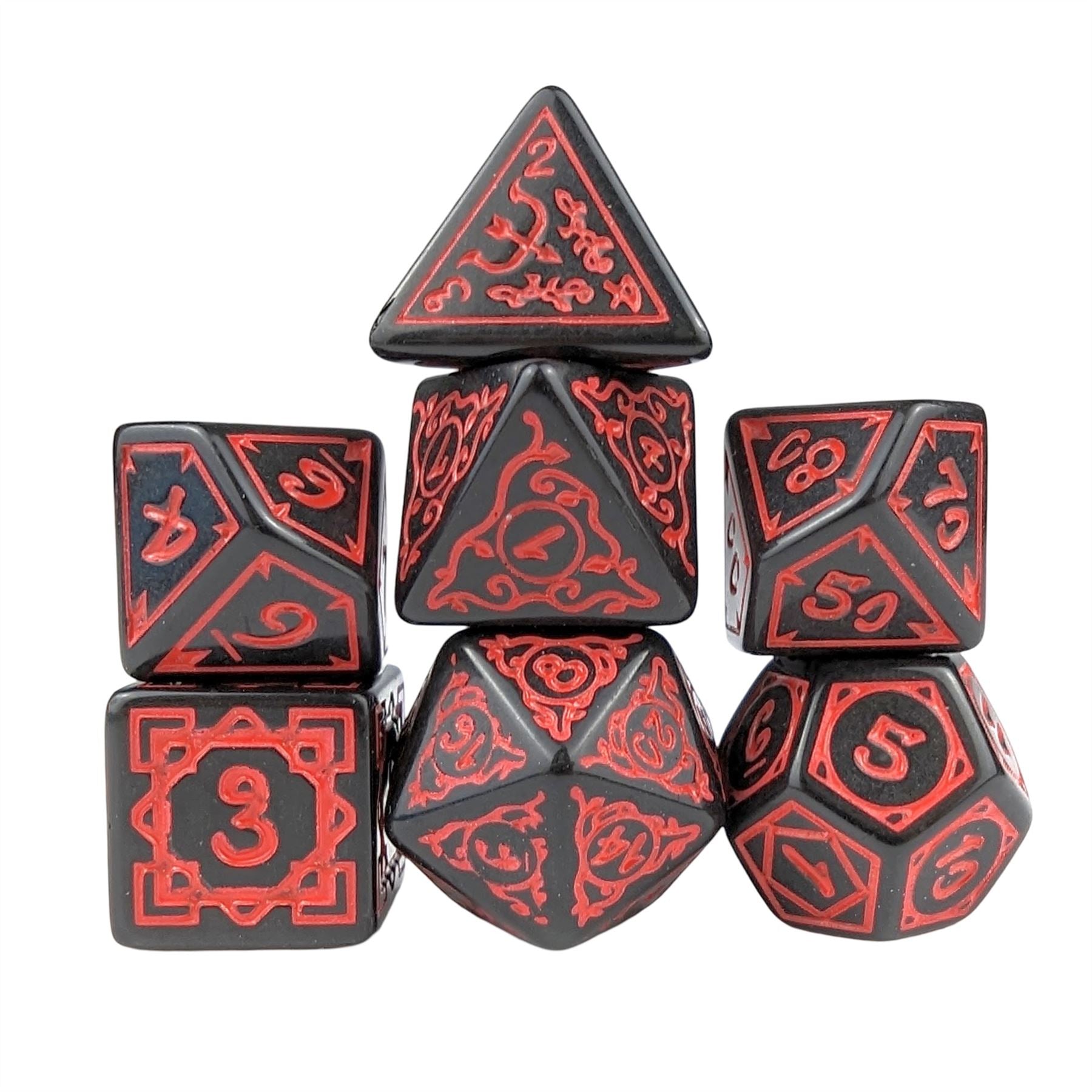 Red Vines on Black Acrylic - 7pcs RPG Full Dice Set