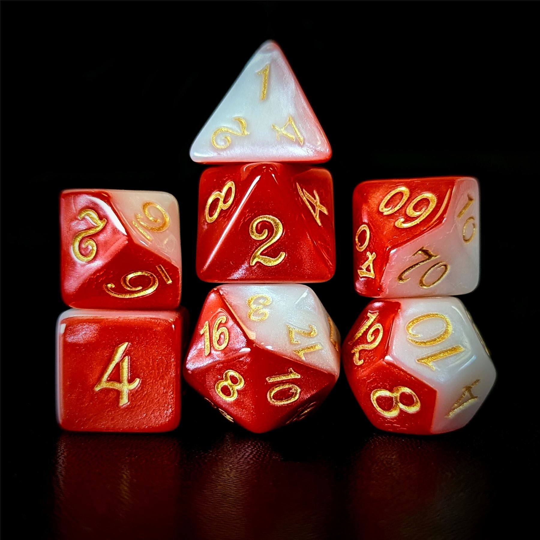 Blend of Red & White Acrylic - 7pcs RPG Full Dice Set