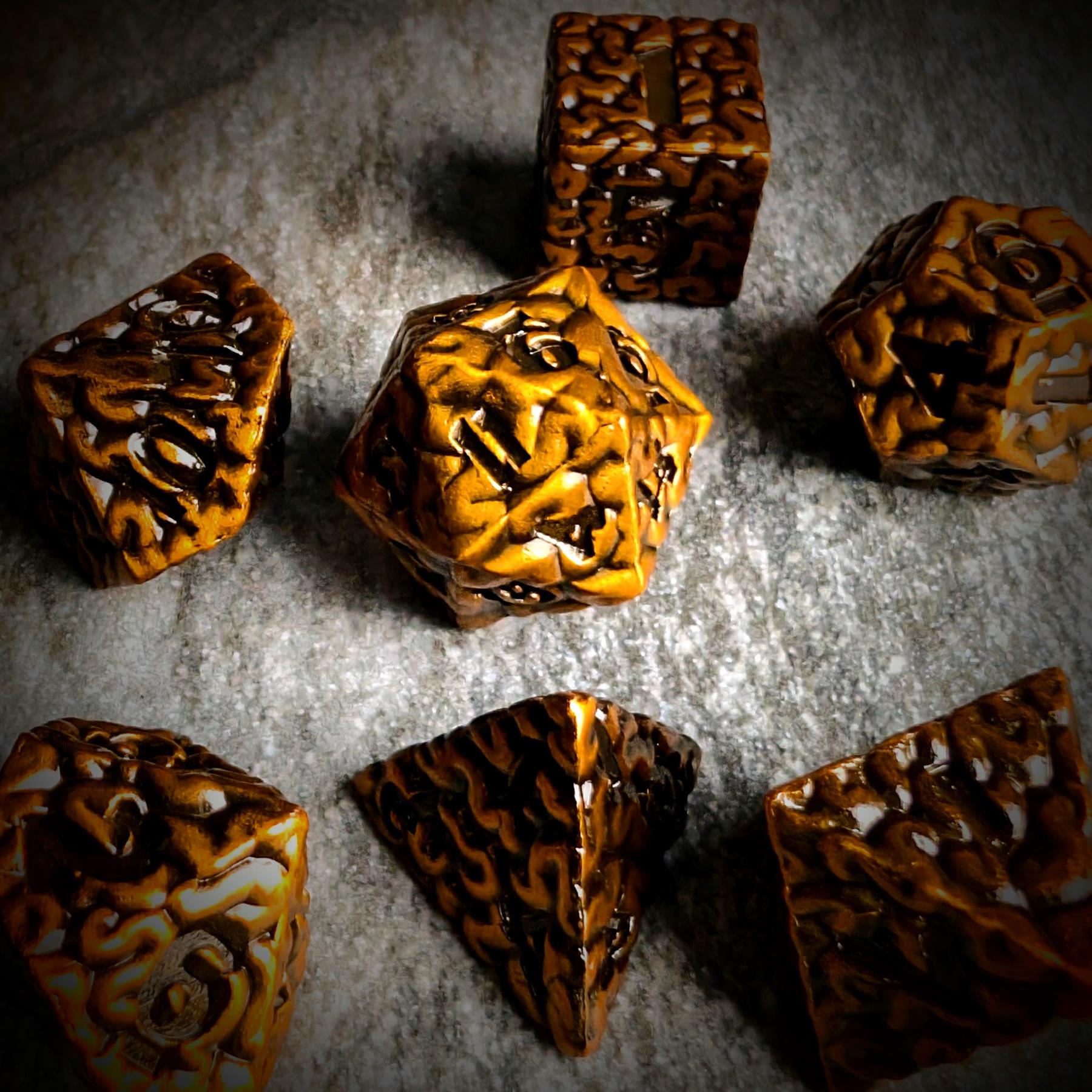 7pcs RPG Dice Set - Black Wash over Gold Metal Brains
