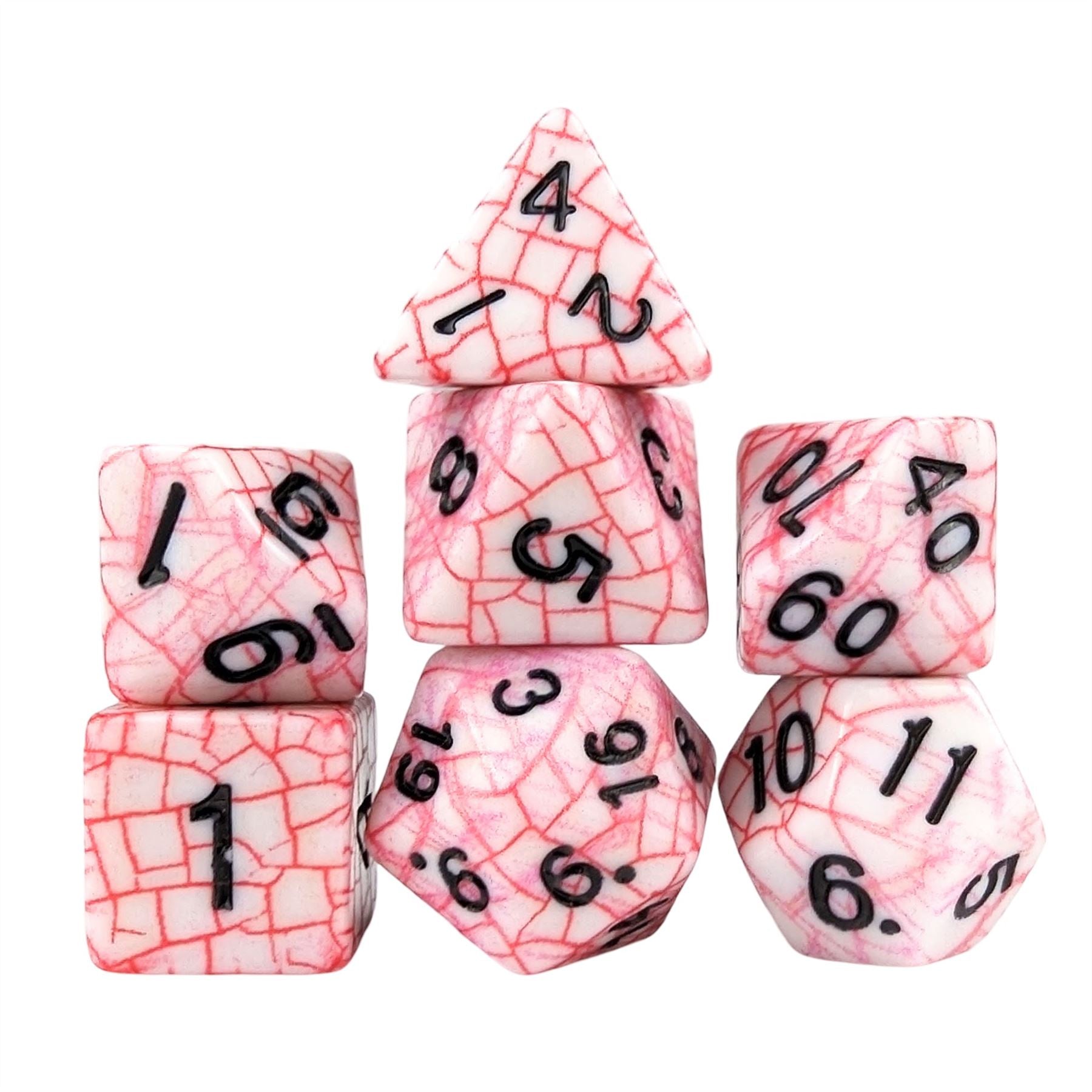 Cracked Red on White Acrylic - 7pcs RPG Full Dice Set