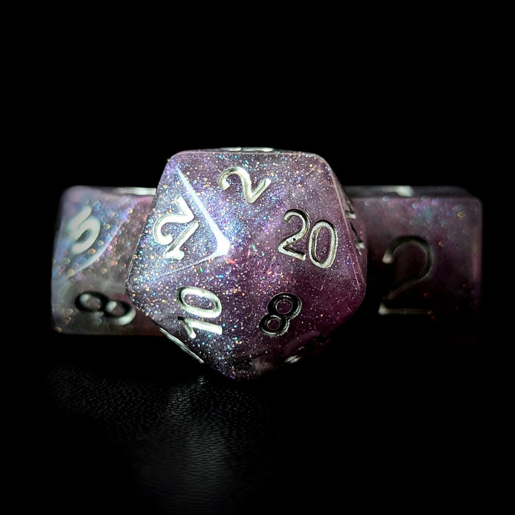 Glitter in Silver & Purple with White Resin - 7pcs RPG Full Dice Set