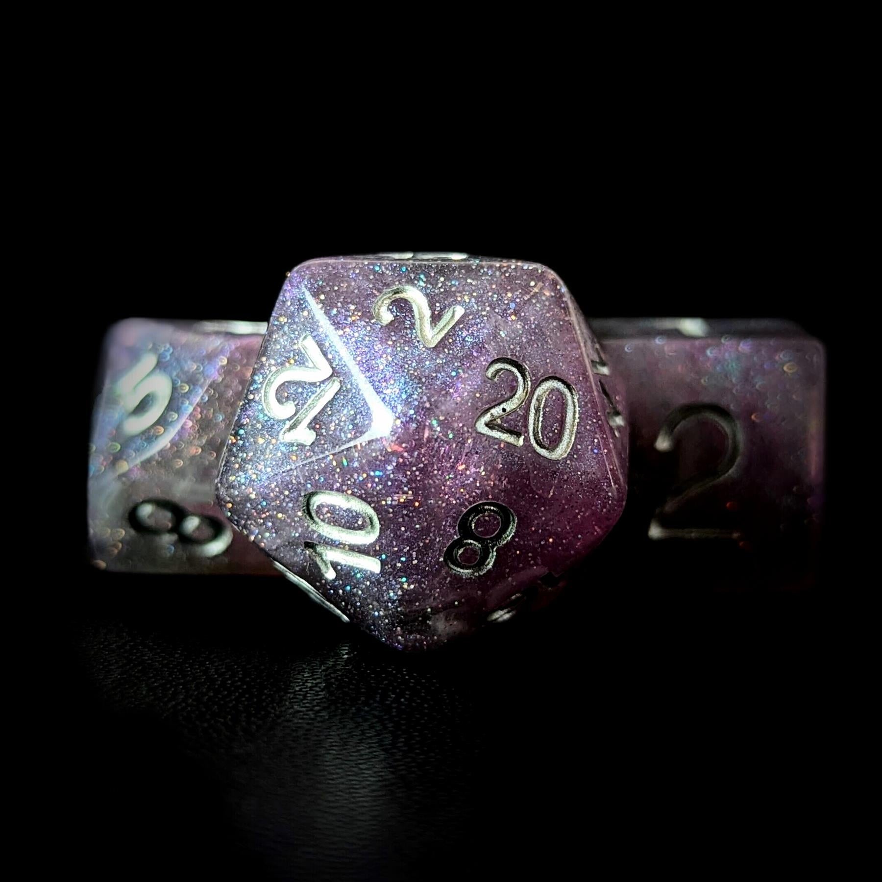 Glitter in Silver & Purple with White Resin - 7pcs RPG Full Dice Set