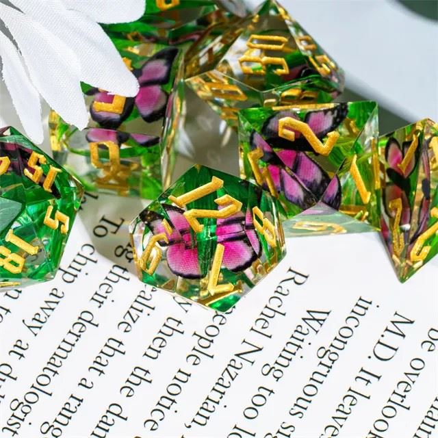 Pink Butterfly in Clear Filled Sharp Resin - 7pcs RPG Dice Set