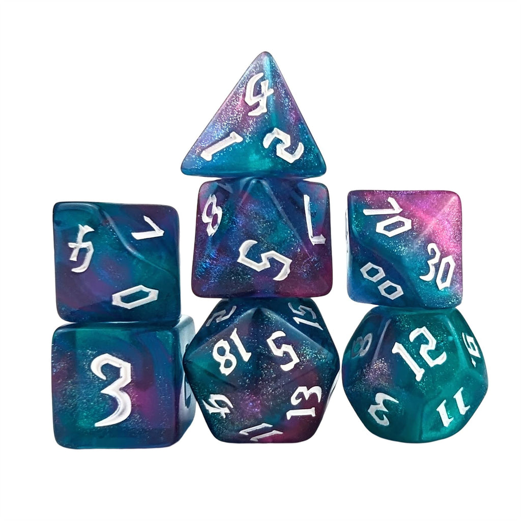 Glitter in Blue & Pink Acrylic - 7pcs RPG Full Dice Set