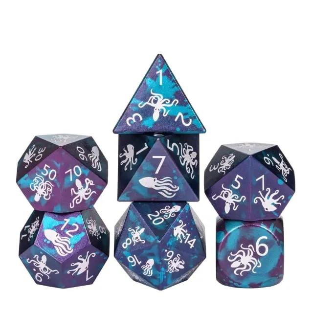 7pcs Dice Metal Aluminium White Font Octopus Blue Purple