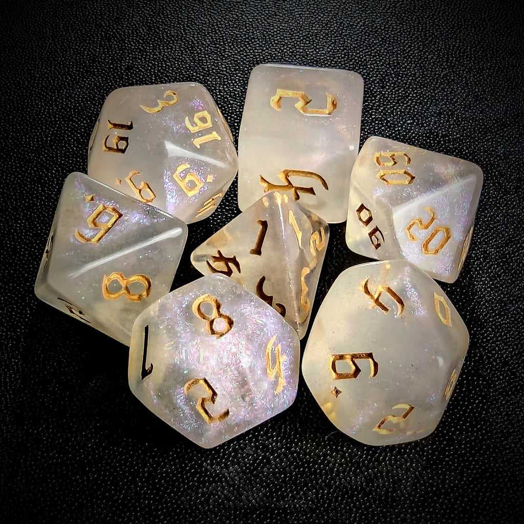 Glitter in White Acrylic with Gold Font - 7pcs RPG Full Dice Set