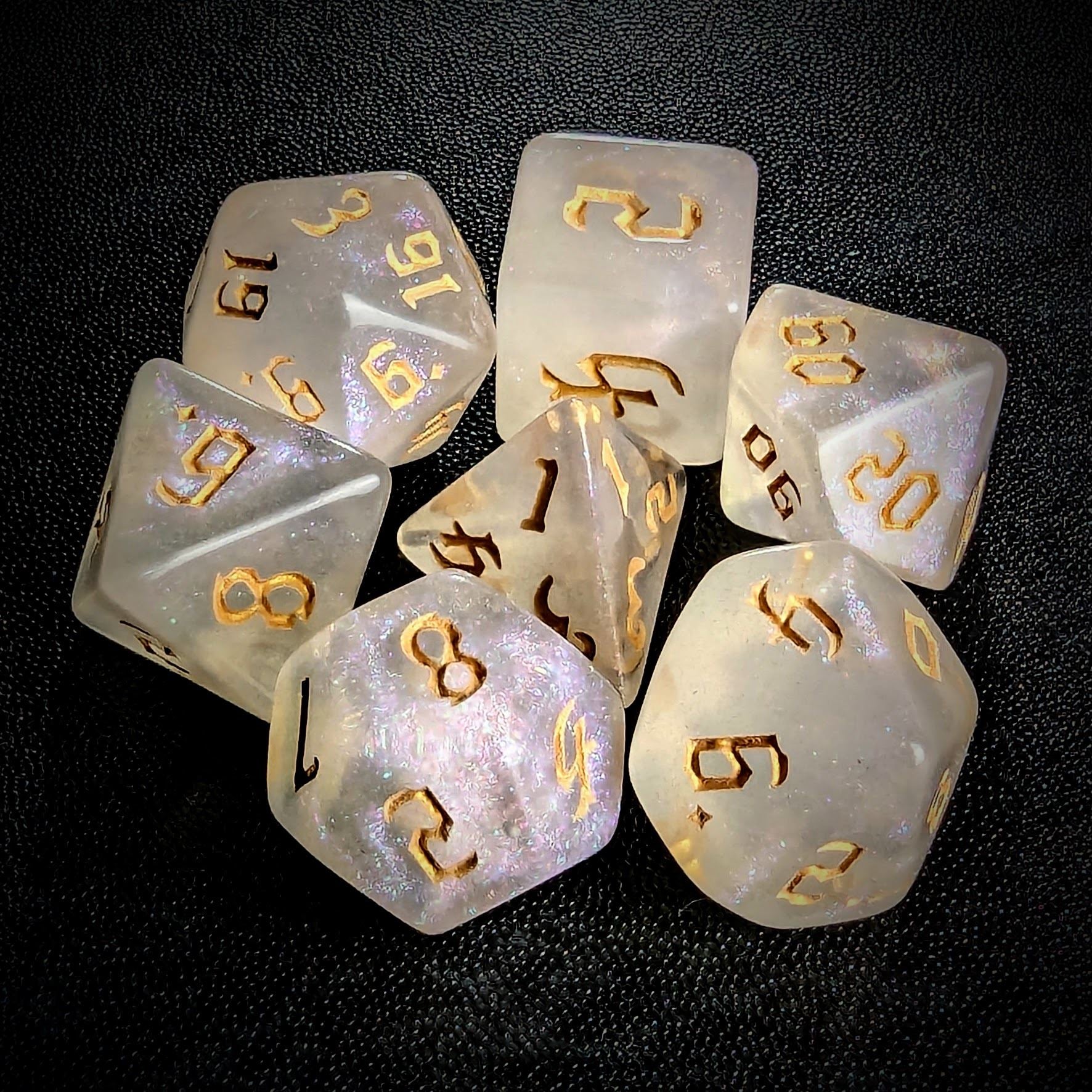 Glitter in White Acrylic with Gold Font - 7pcs RPG Full Dice Set