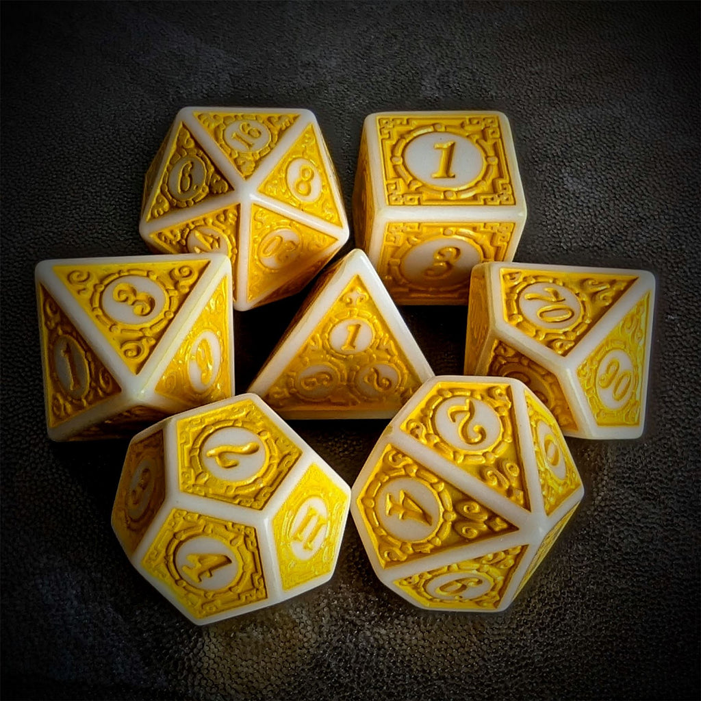 Yellow Lattice on White Acrylic - 7pcs RPG Full Dice Set