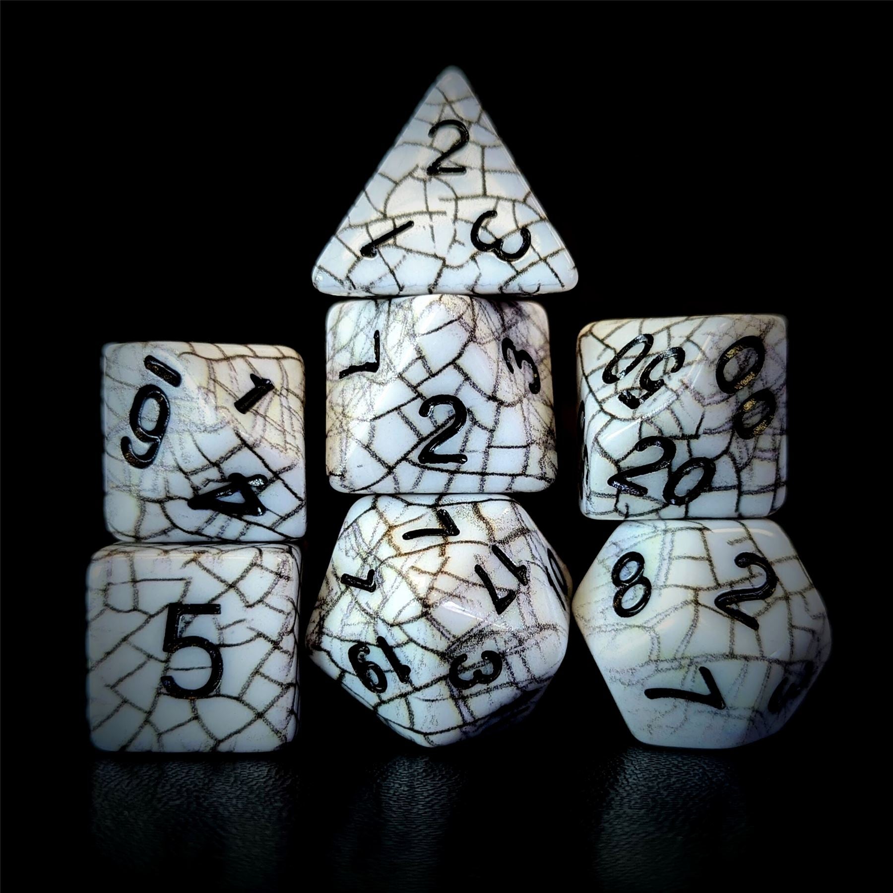 Cracked Black on White Acrylic - 7pcs RPG Full Dice Set
