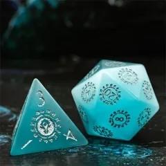 Runes on Blue Cat Eye Gemstone - 7pcs RPG Dice Set