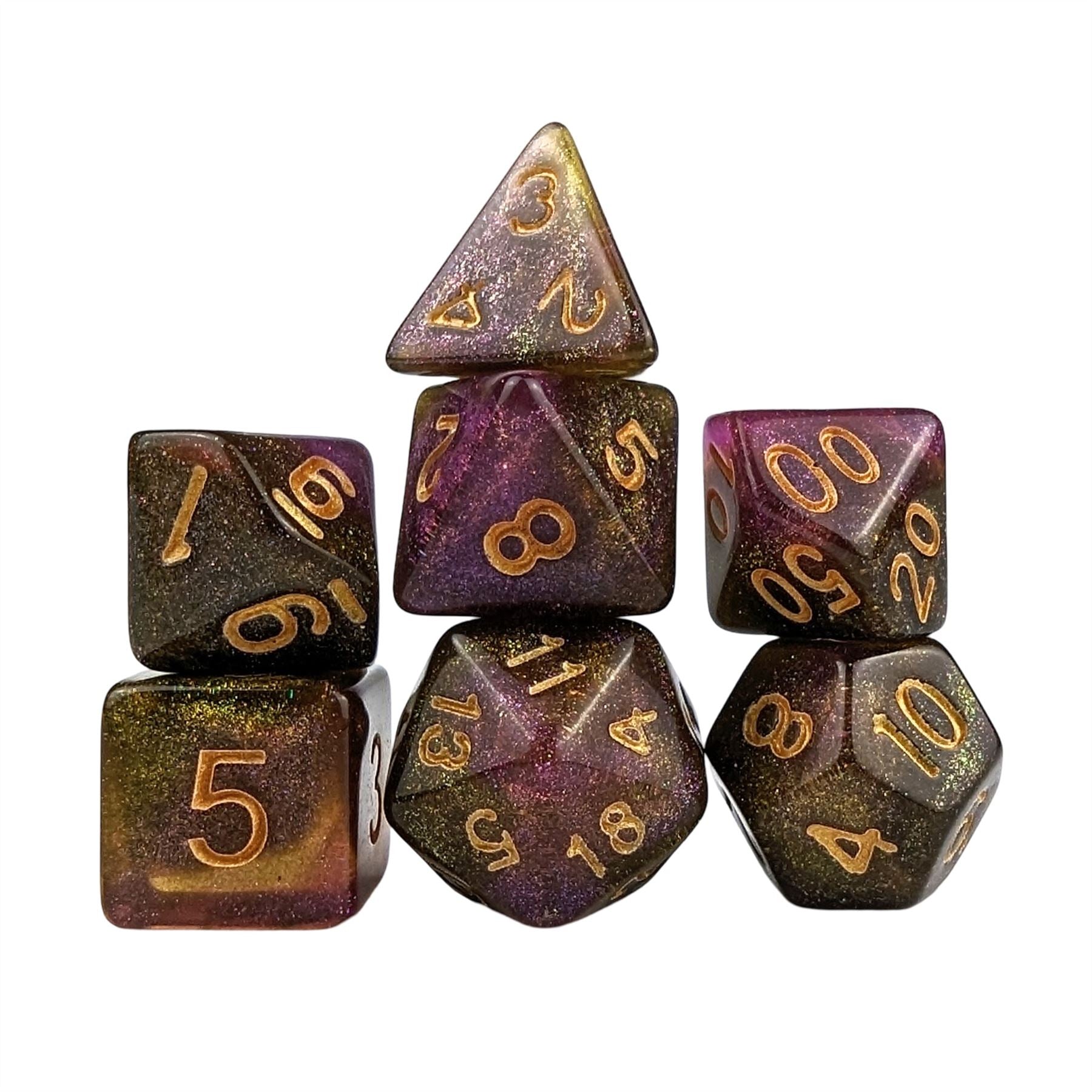 Glitter in Purple & Yellow Acrylic - 7pcs RPG Full Dice Set
