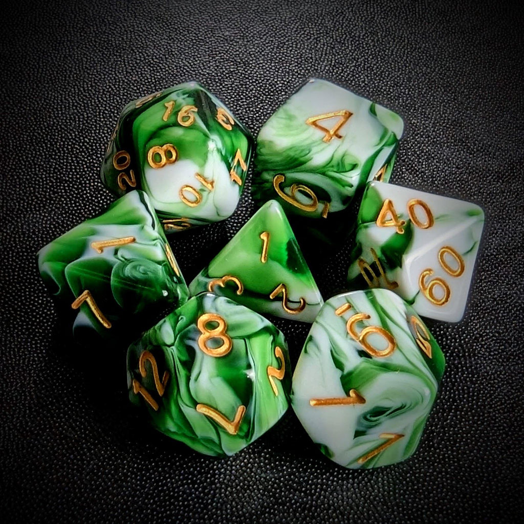 Blend of White & Green Acrylic - 7pcs RPG Full Dice Set