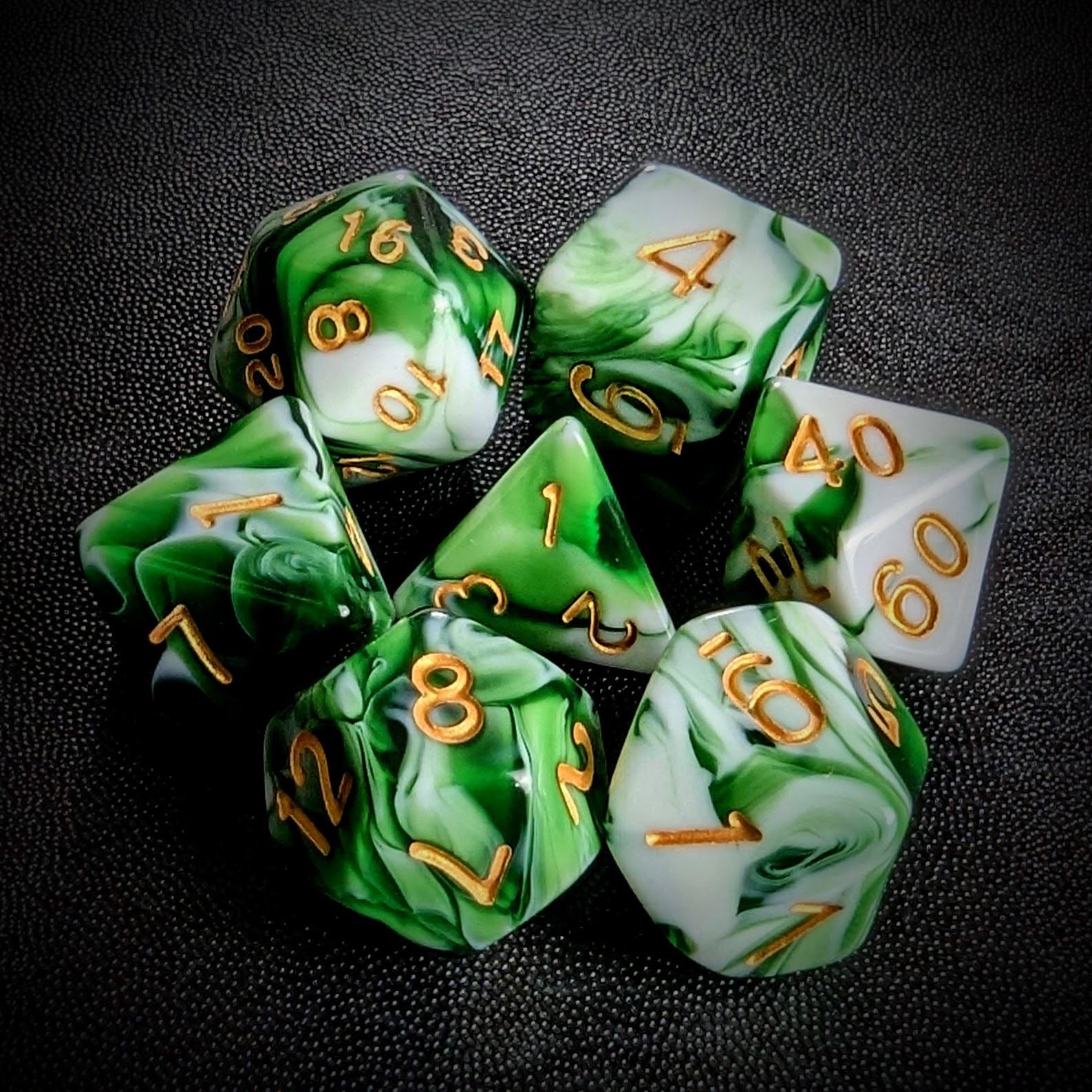 Blend of White & Green Acrylic - 7pcs RPG Full Dice Set
